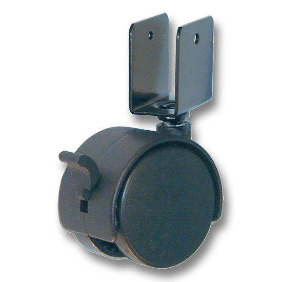 Twin Wheel Caster With Brake, 50 mm, 3/4" U Channel, Rated For 88 lbs, Black