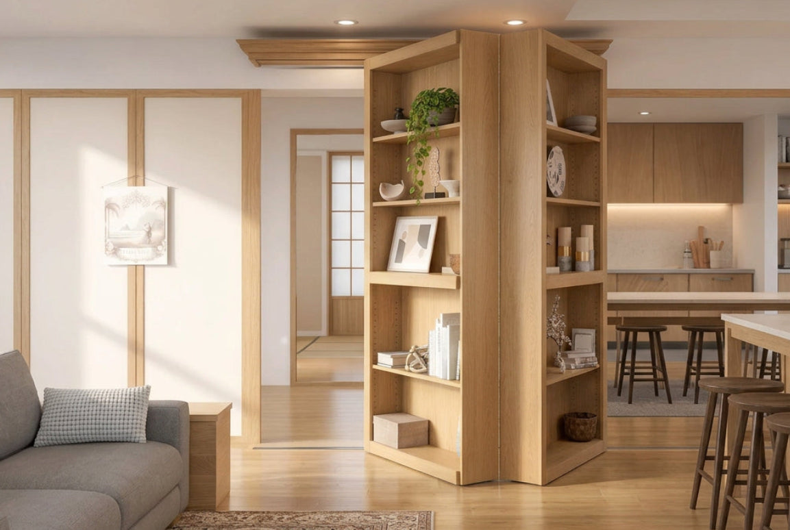White InvisiDoor bi-fold bookcase door closed, filled with books in a living room