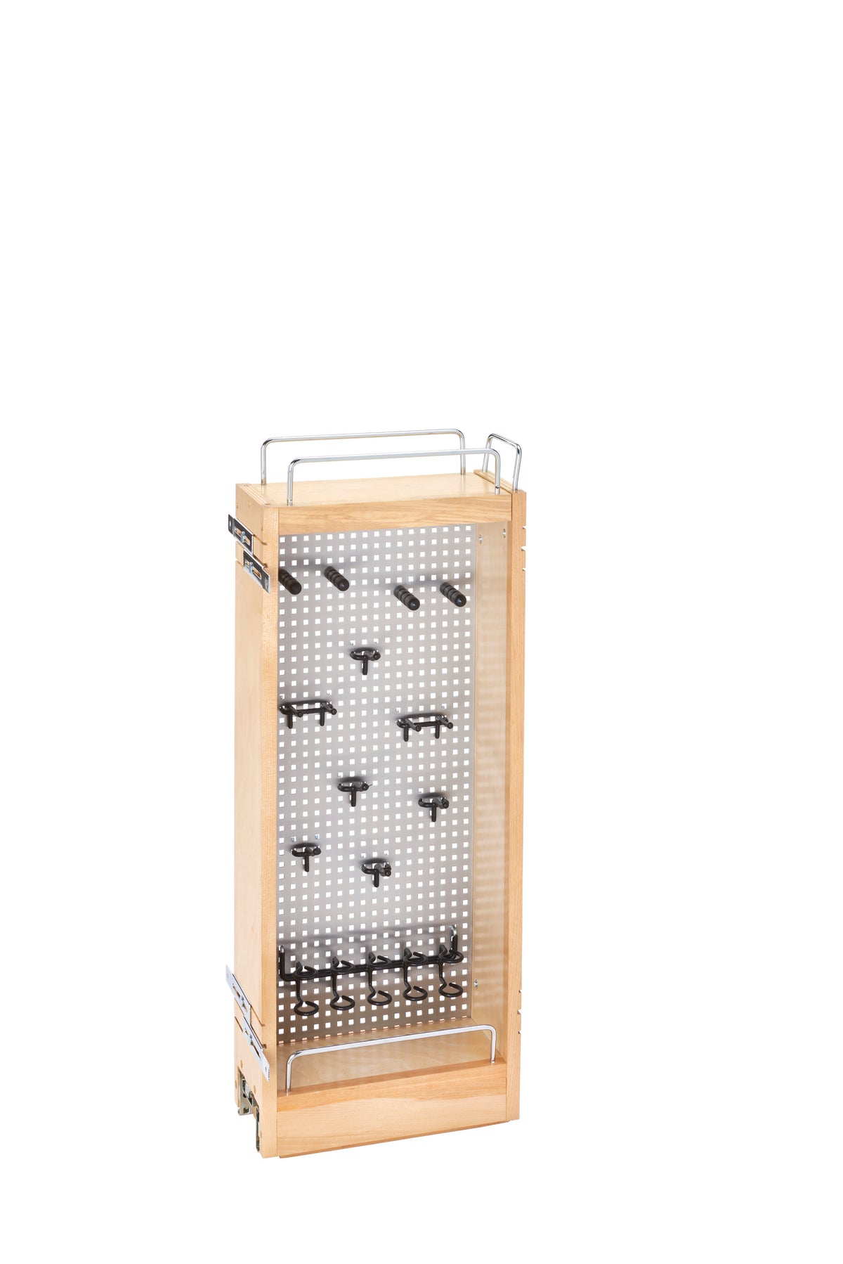 Pullout Wood Wall Cabinet Organizer With Stainless Steel Panel, 5 in.W x 10-3/4 in.D x 26-1/4 in.H, Light Brown