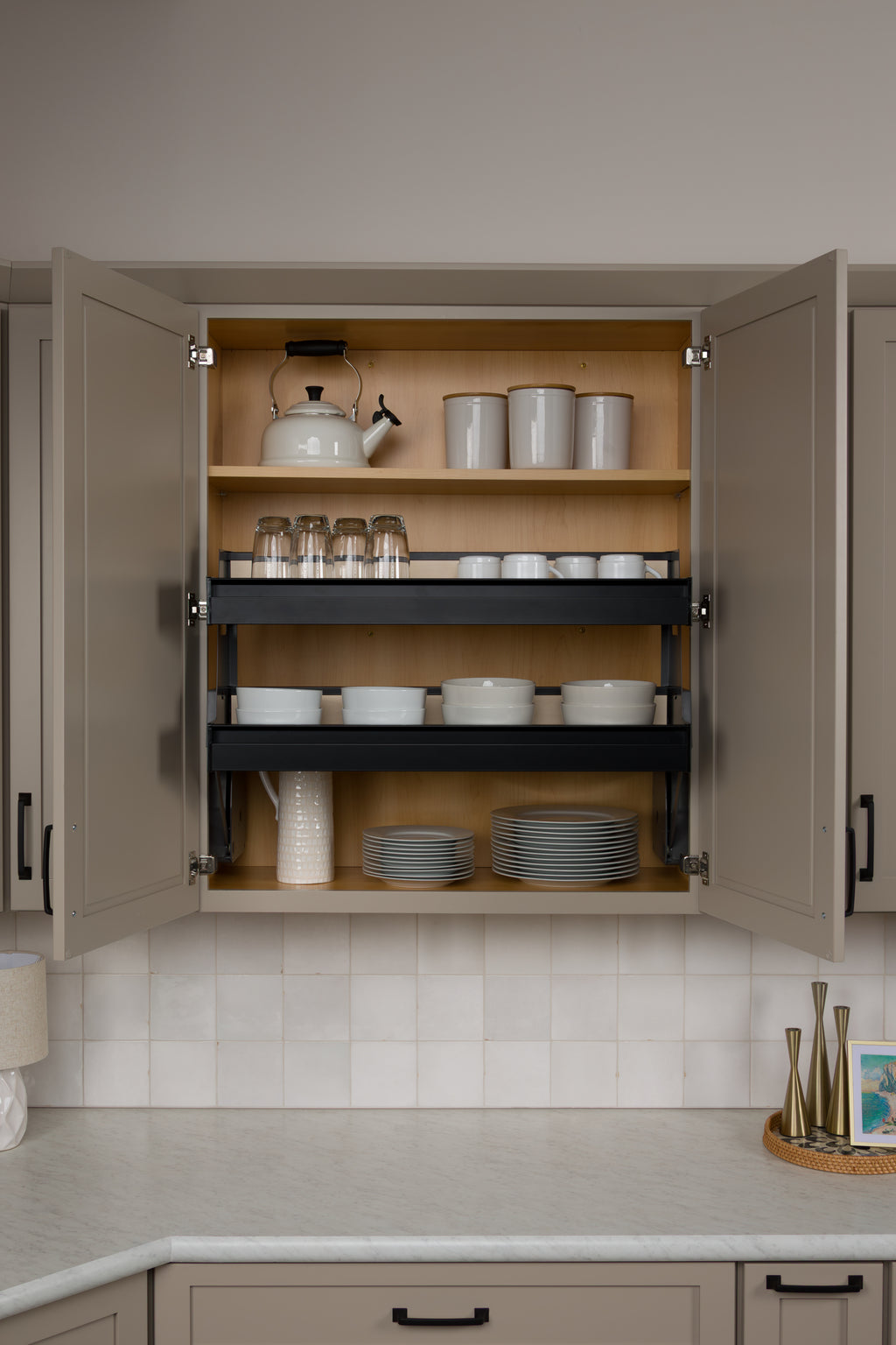 Customizable Pull-Down Shelving System for Wall Cabinets