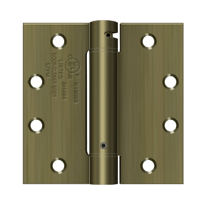 Deltana 4-1/2" x 4-1/2" Spring Hinge Square Corners UL Listed, Antique Brass