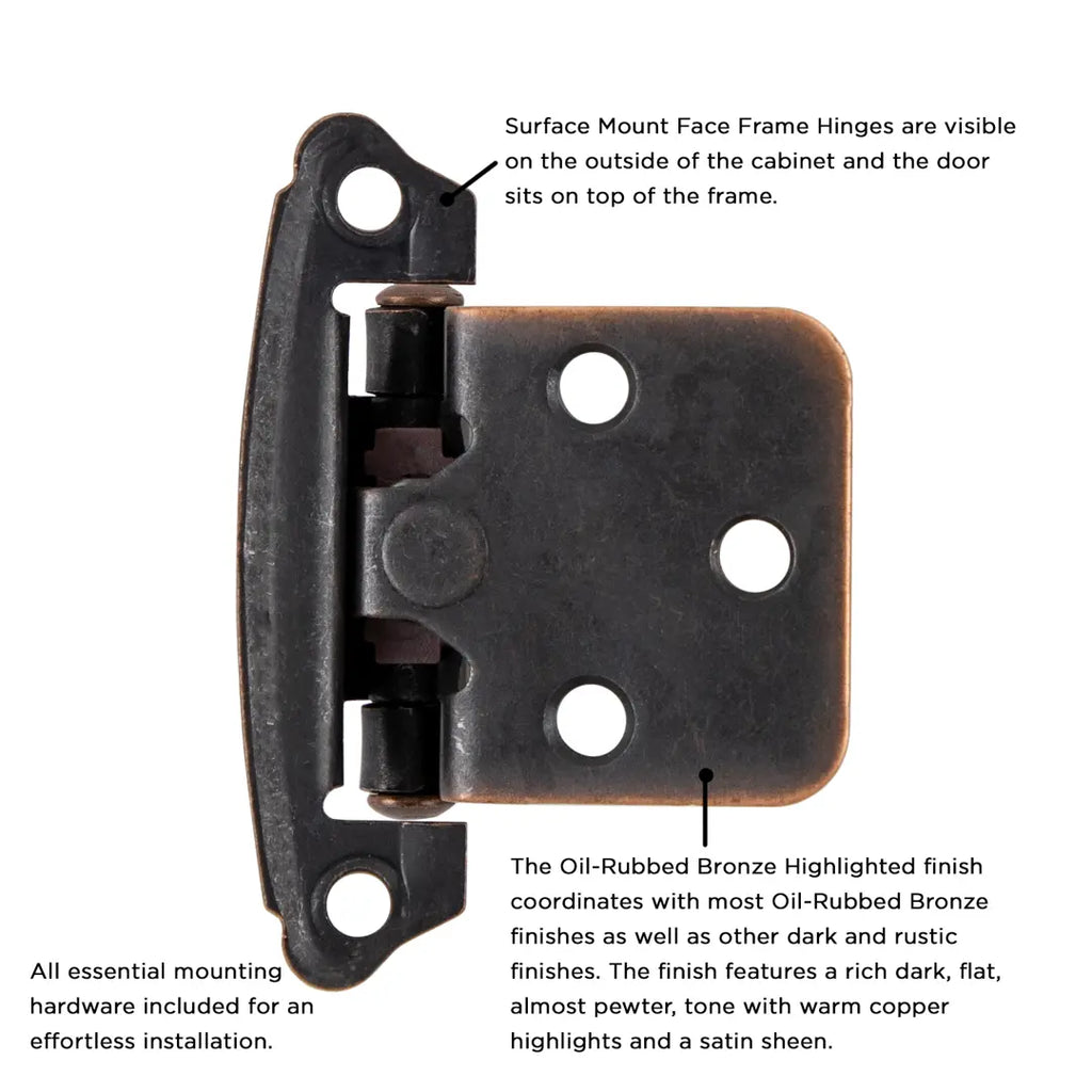 Hickory Hardware Surface Mount Self Close Hinge 2-5/8 in.x 1-15/16 in., Oil-Rubbed Bronze Highlighted, view 3
