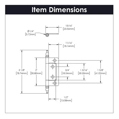 Hickory Hardware Self Mortise Free Swinging Hinge 3-1/8 in. x 1-7/16 in., Satin Nickel, view 2