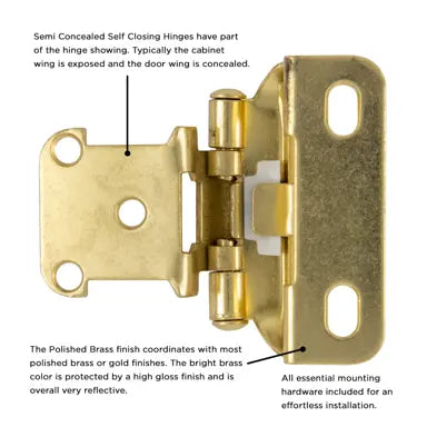 Hickory Hardware Semi-Concealed Hinge Self Close Hinge 2-1/4 in.x 2-1/2 in., Polished Brass, view 3