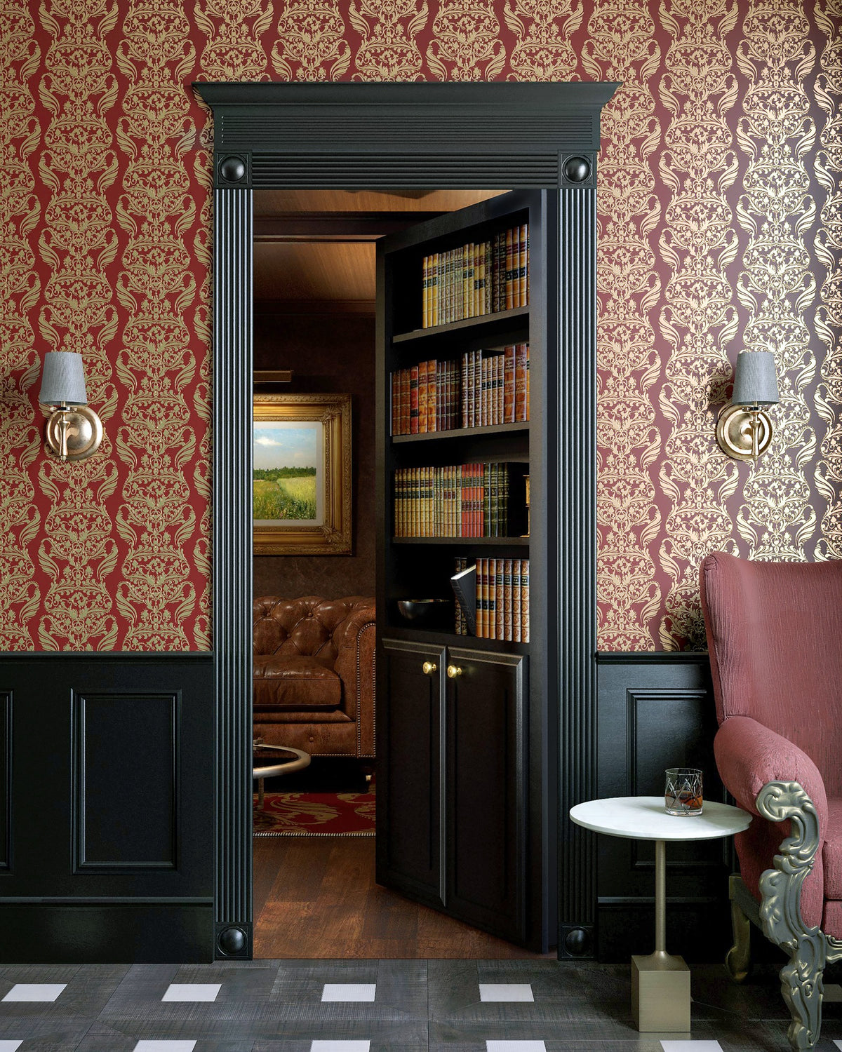 The same black InvisiDoor bookcase door swung open to a hidden study