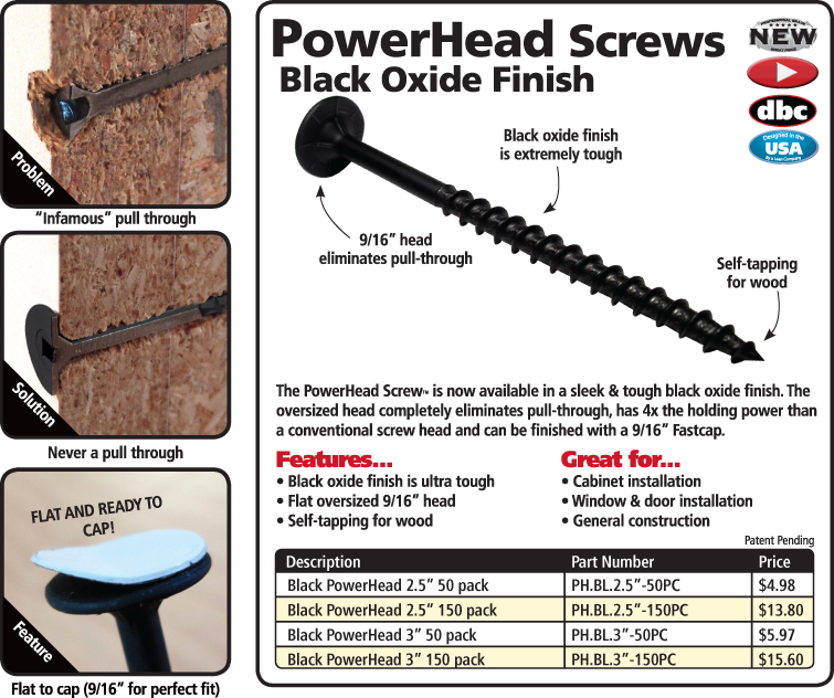 #10 Power Head Screws Square Drive With Nibs Black Finish 17 Type 2-1/2" Length 1500 Pack