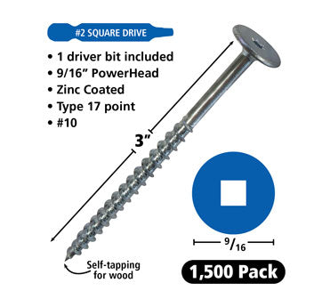 #10 Power Head Screws Square Drive With Nibs Zinc Finish 17 Type 3" Length